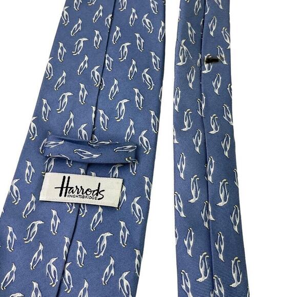 Harrods Knightsbridge Mens 100% Silk Necktie Blue Tie Penguin Print 3.5" Wide - Picture 4 of 16